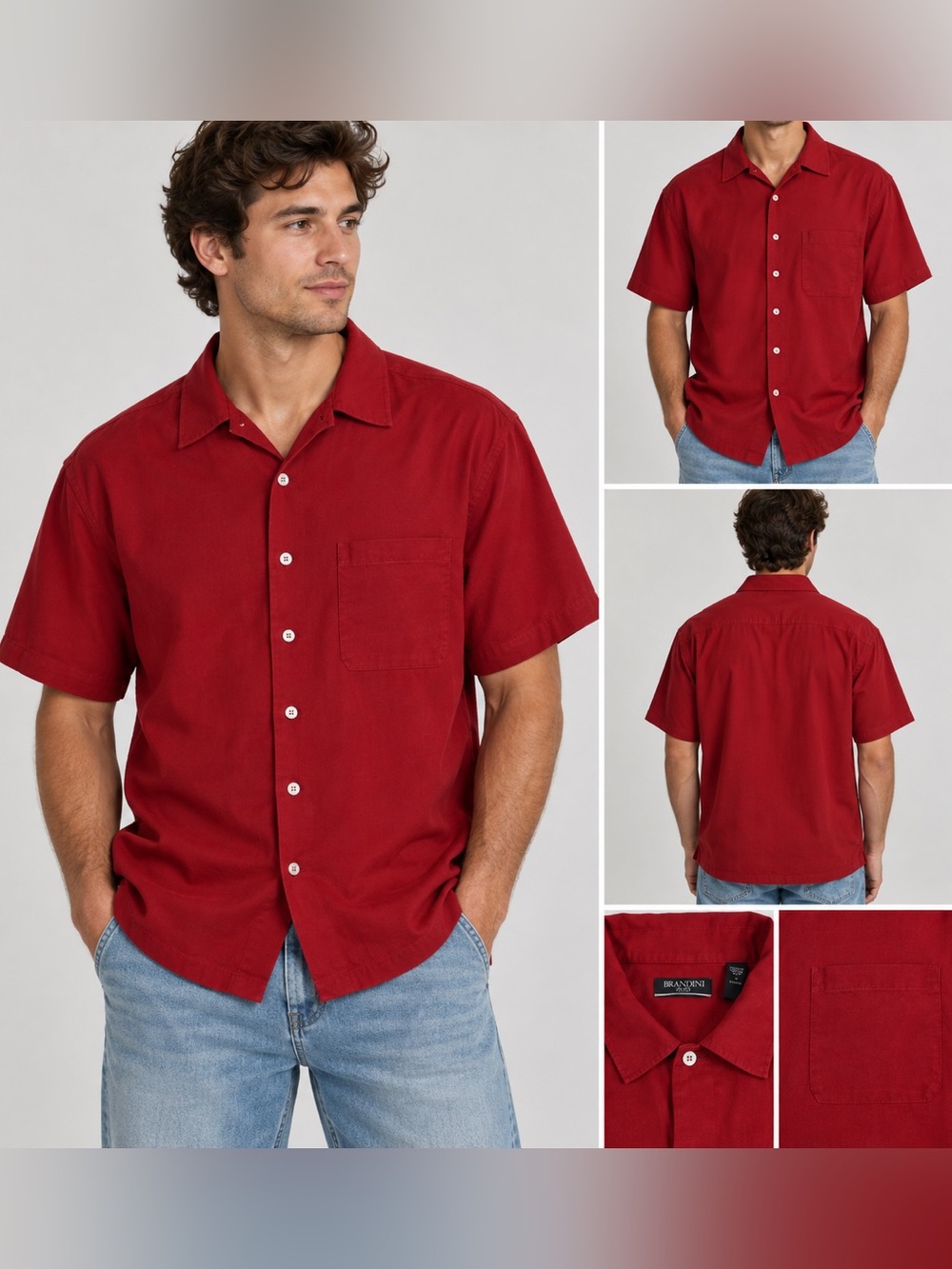 Brandini 100% Pure Silk Mens Classic Short Sleeve Button-Up Shirt in Wine Red